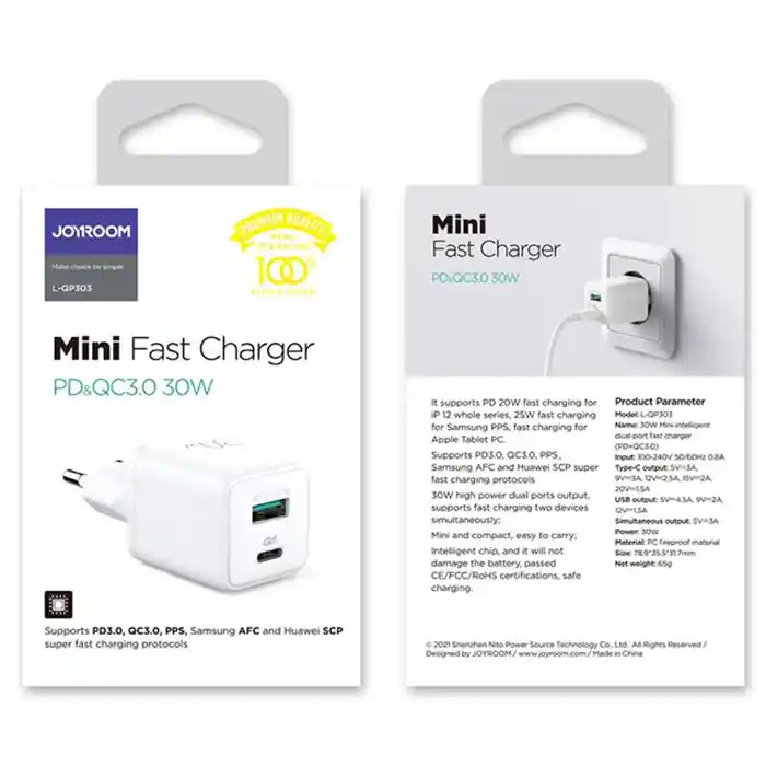Joyroom L-QP303 Fast Charger 30W with USB-C Power Delivery for iPhone 13 Dual Port PD+QC3.0 Intelligent Fast Charger Adapter